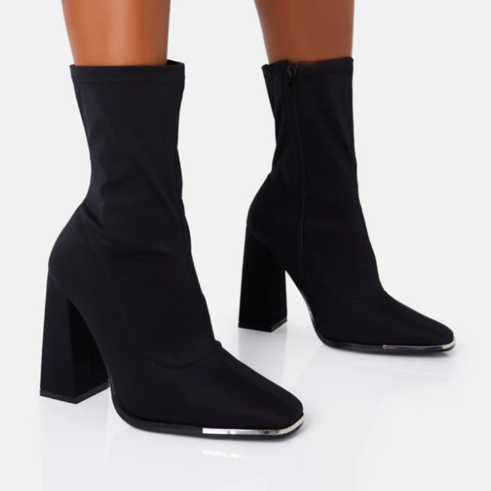LIBERTY WIDE FIT BLACK LYCRA SOCK BLOCK HEELED ANKLE BOOTS